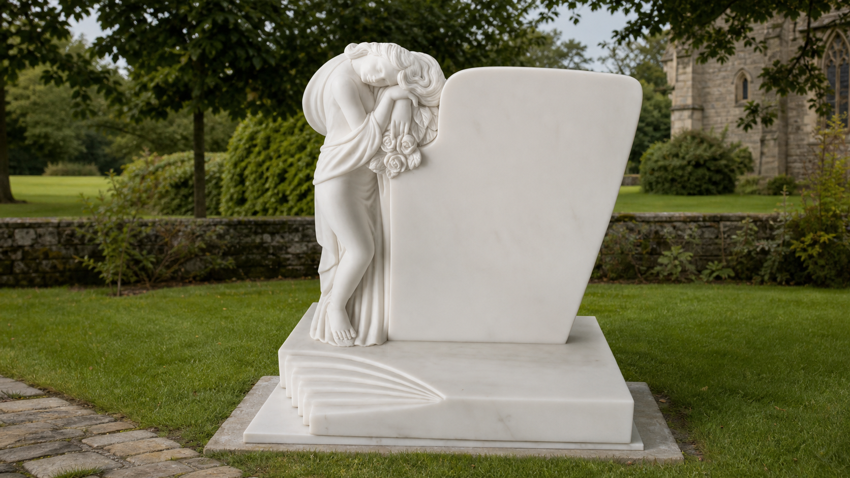 White marble angel memorial monument