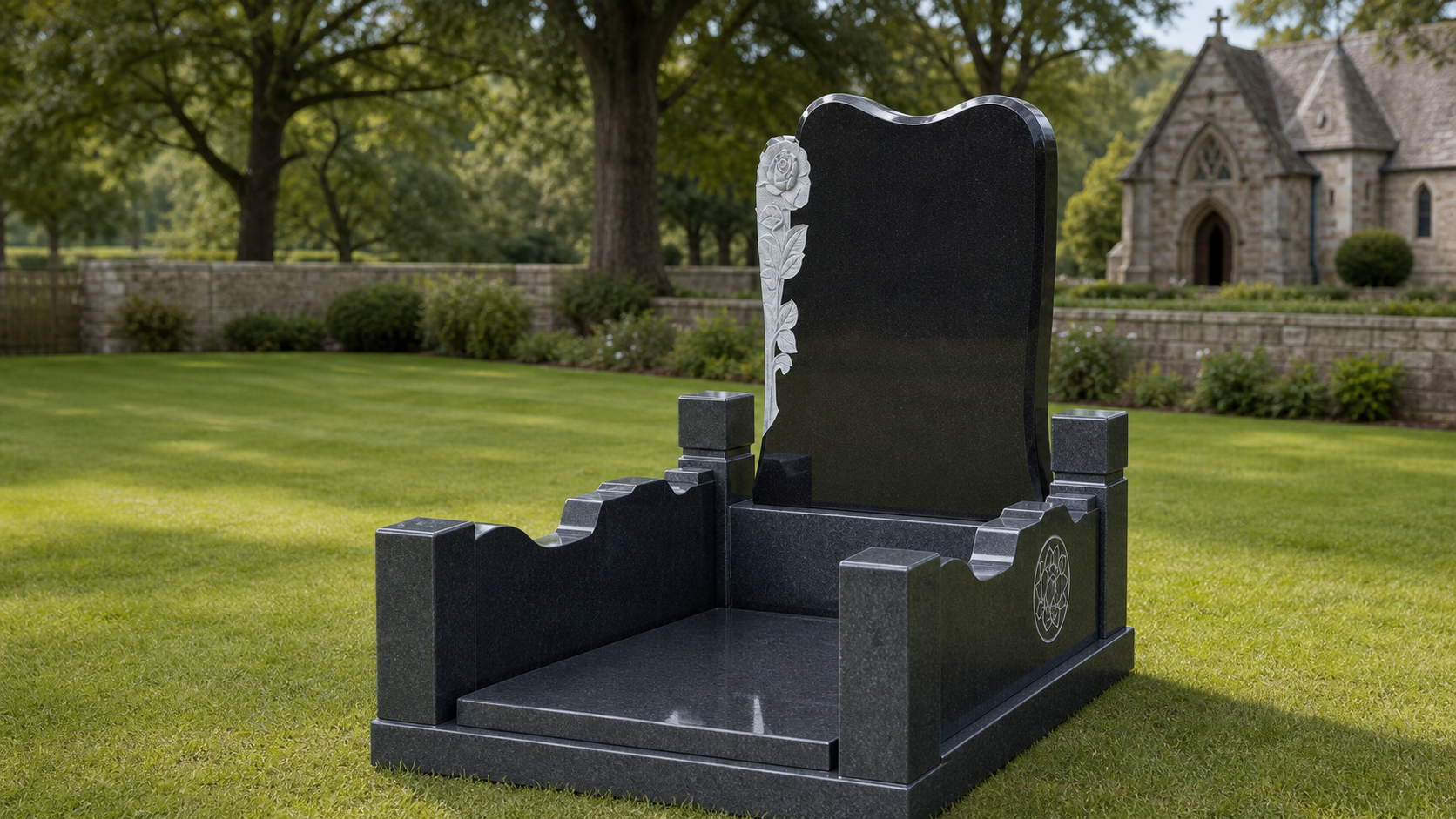 European style black granite headstone with carved rose