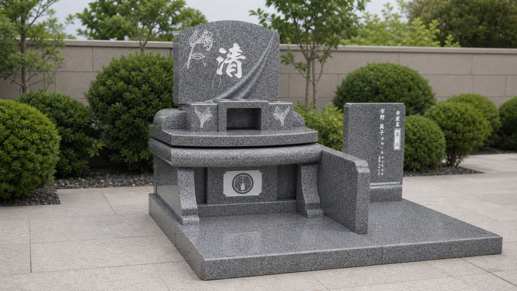 Compact Japanese family memorial in grey granite