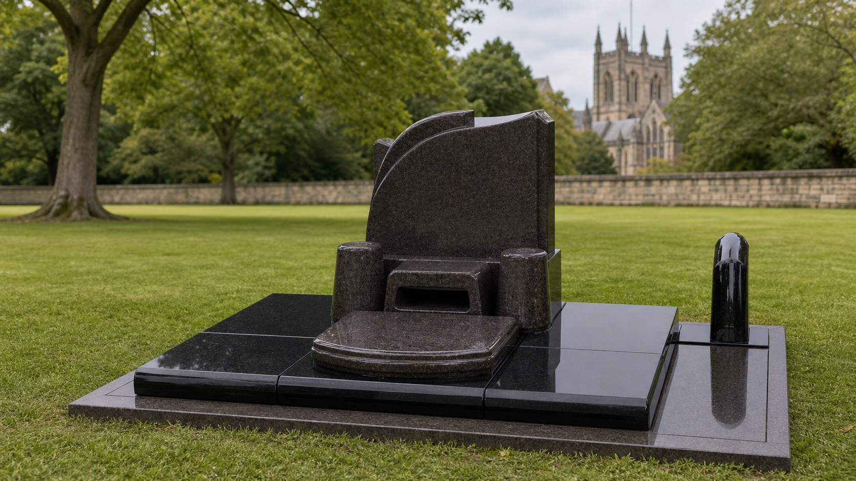 Modern polished dark granite memorial